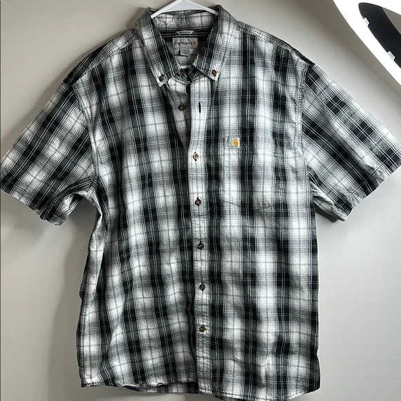Carhartt Men's Gray and Black Plaid Button Down Shirt - Picture 1 of 5